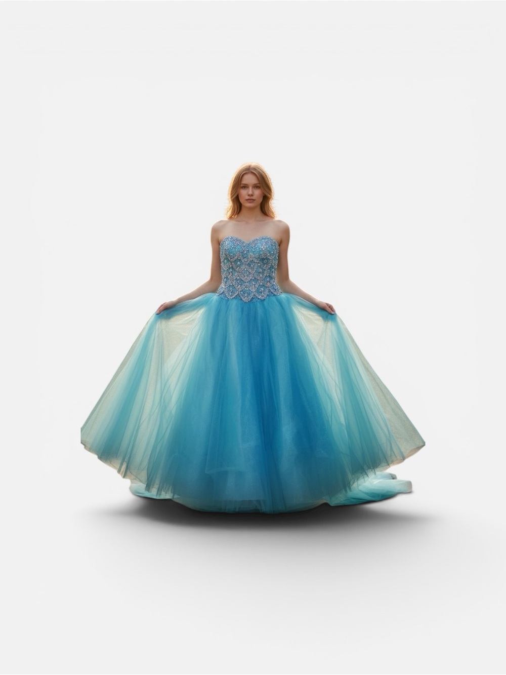 Strapless Blue Ball Gown with Beaded Bodice